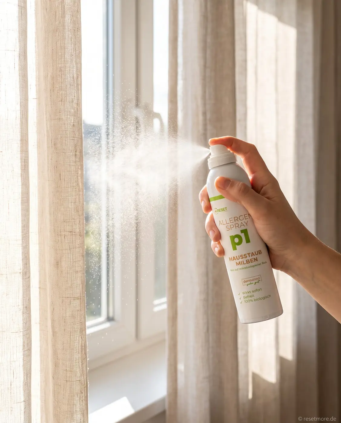 Allergen Spray p1 wird auf helle Leinengardinen aufgetragen