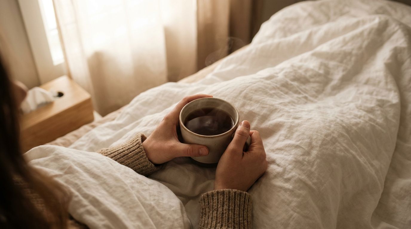Hände halten eine Tasse Tee auf weißer Bettdecke in einem ruhigen Schlafzimmer