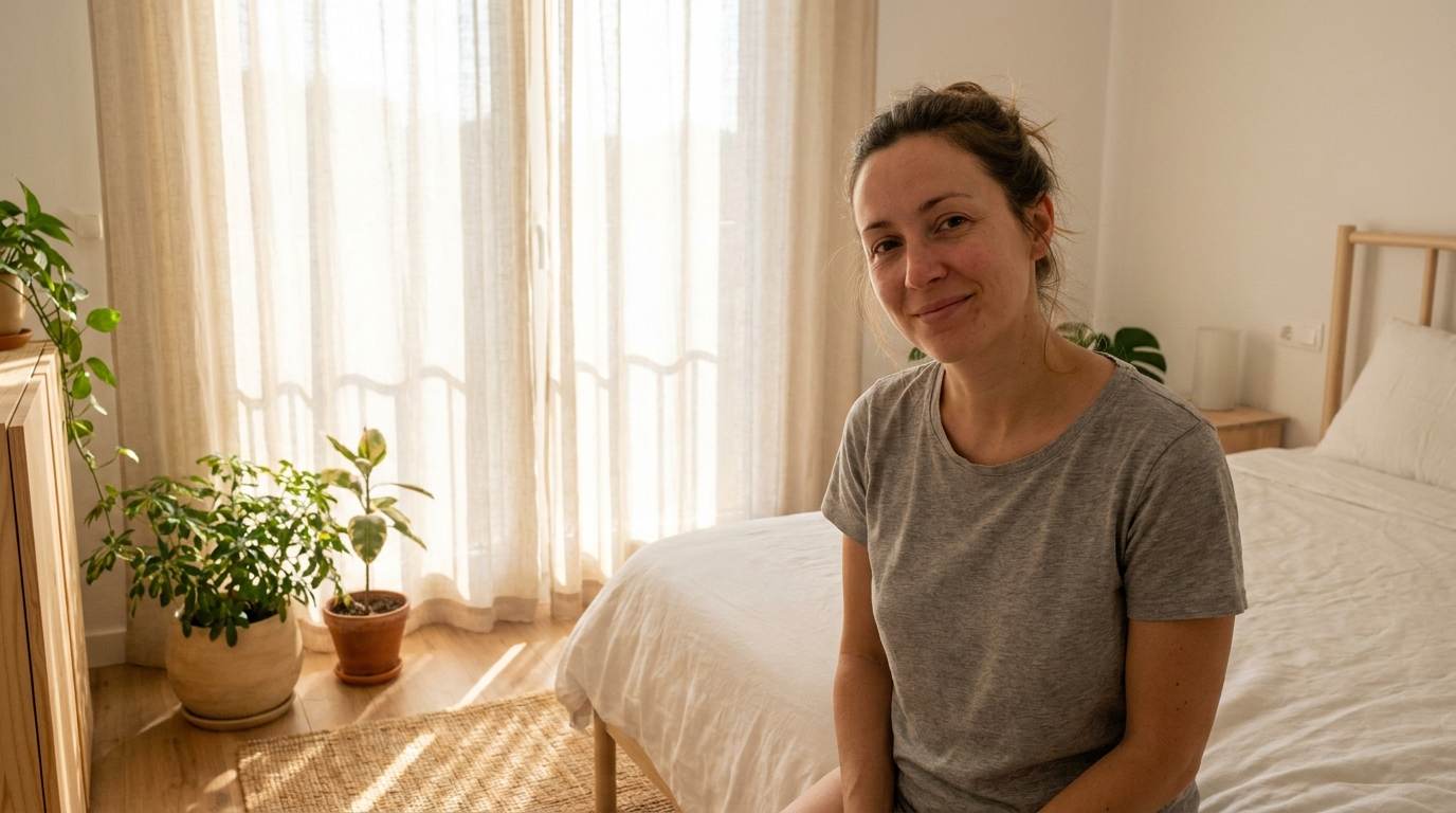Eine junge Frau am Morgen auf der Bettkante in einem hell durchfluteten Schlafzimmer — der Moment, in dem sich nach Wochen die ersten Veränderungen zeigen.