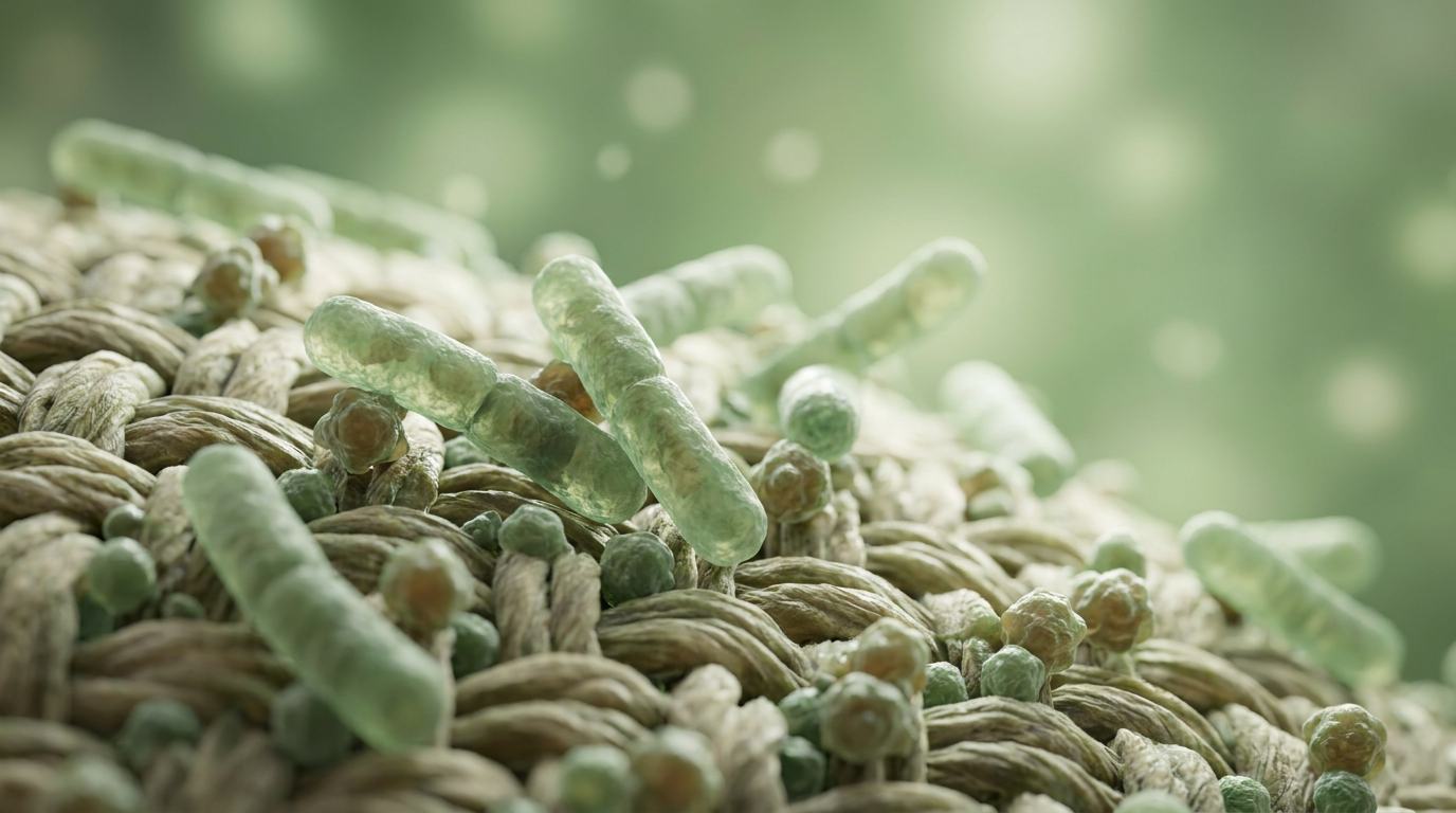 Mikroskopische Darstellung von Bacillus-Bakterien und Enzymen auf einer Textilfaser