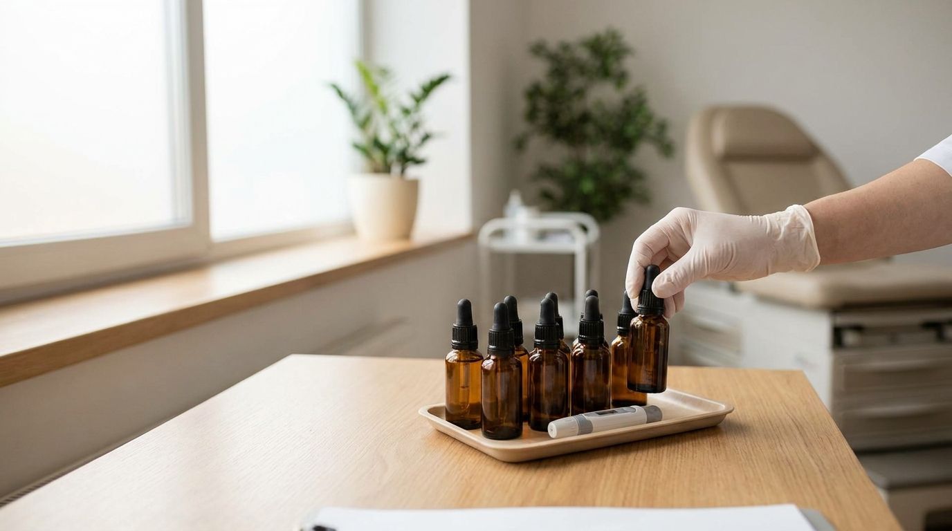 Ruhiges modernes Allergologie-Untersuchungszimmer mit vorbereitetem Pricktest und Allergen-Tropffläschchen