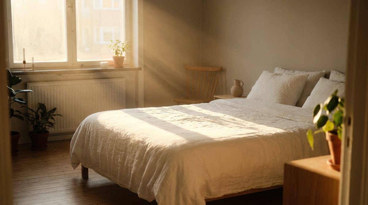 Schlafzimmer am Morgen mit sichtbaren Staubpartikeln im Sonnenlicht