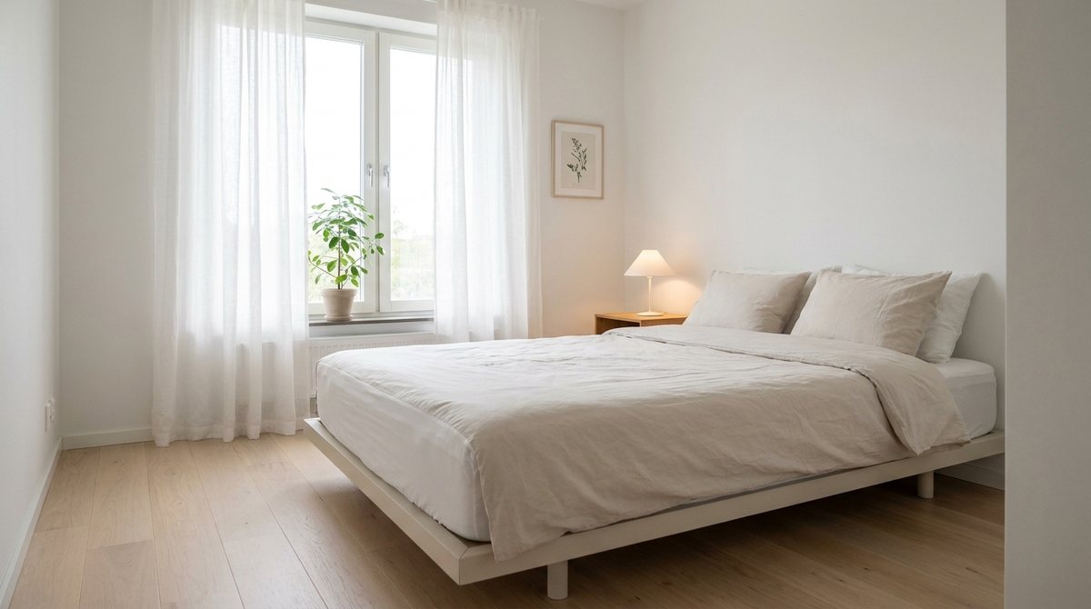 Beispielhaftes Allergiker-Schlafzimmer in skandinavischem Stil — Encasing, Holzboden, minimalistisch