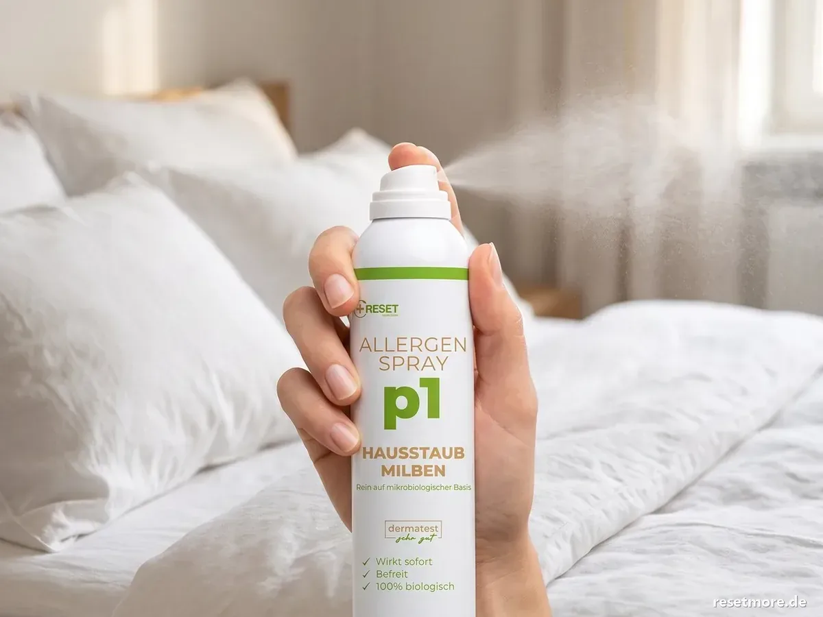 Frisch bezogene Bettwaesche neben dem Allergen Spray p1