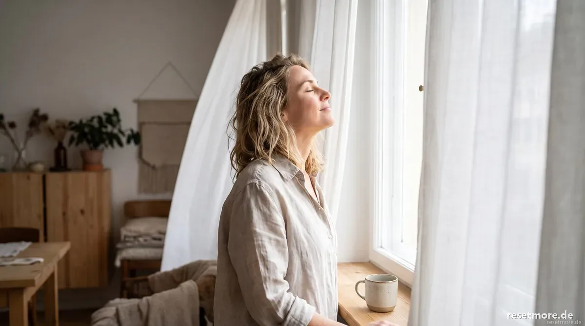 Frau am geoeffneten Fenster atmet tief durch