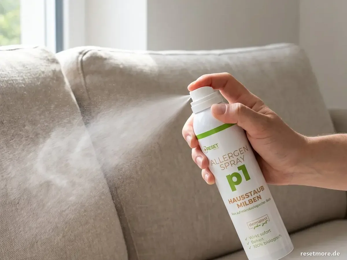 Behandlung eines Polstersofas mit dem Allergen Spray p1
